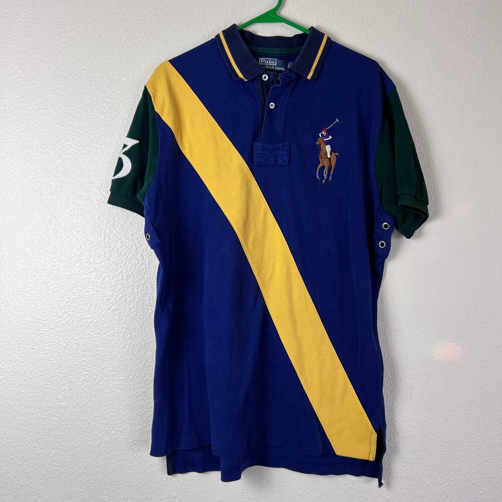 Polo Ralph Lauren Blue Yellow Stripe Big Pony Polo Shirt Classic Fit Size L - Picture 3 of 8